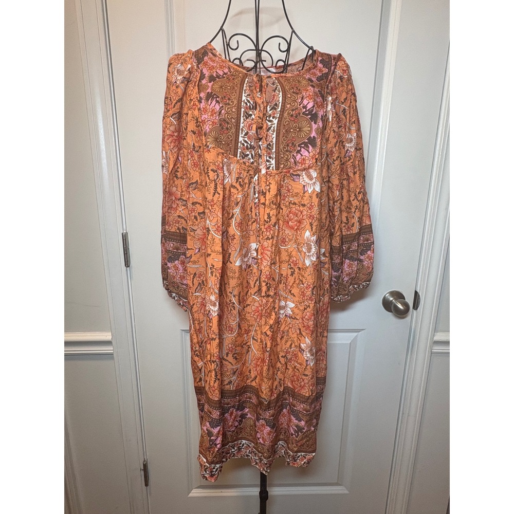 Bluetime Womens Boho Orange Floral Paisley Viscose Long Sleeve Midi Dress Medium - Picture 4 of 8